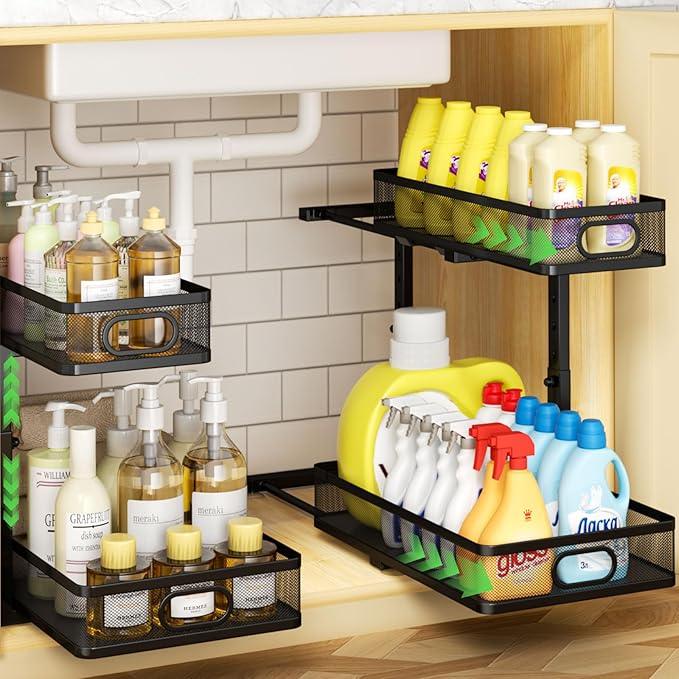 Under Sink Organizer 2-Pack, Metal 2-Tier Pull-Out Cabinet Shelf with Slide-Out Mesh Drawers, Height Adjustable, Space-Saving Under Sink Storage Racks for Kitchen, Bathroom, Laundry Room - ModernBath