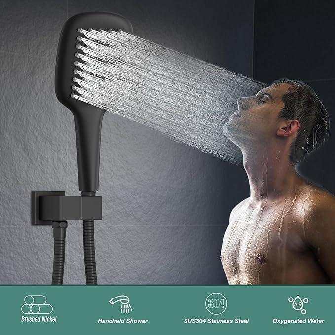 HONGTONGSOWER Matte Black Handheld Shower Head with Long Hose and Brass Holder All Metal Hand Held Shower Head High Pressure Handheld Shower Head Set - ModernBath