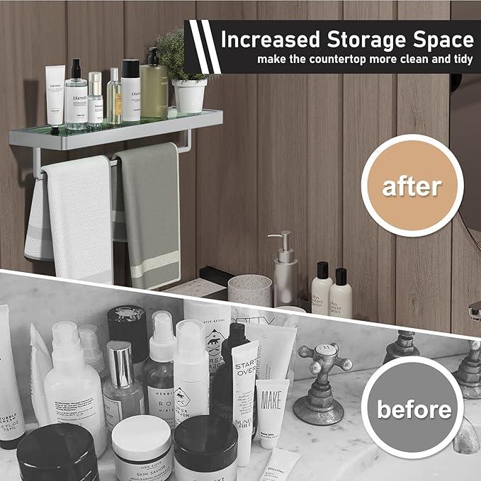 Bathroom Shelves Glass Bathroom Shelf with Towel Bar, Floating Shelves for Living Room/Study Room Tempered Glass Rectangular 1 Tier Organizer Wall Shelf (Chrome Polished, 20'') - ModernBath