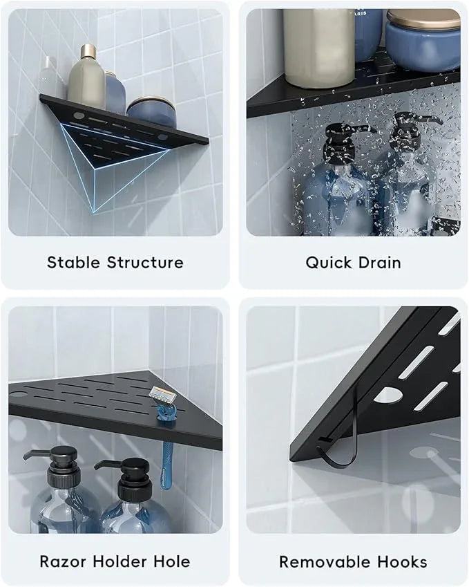 DAYONE Matte Black Corner Shower Shelf 2 Pack 10", Bathroom Corner Shower Organizer Shelf for Tiled Wall, SUS304 Stainless Steel Slot Design Recessed Organizer Shelves with 2 Hooks and 4 Holes - ModernBath