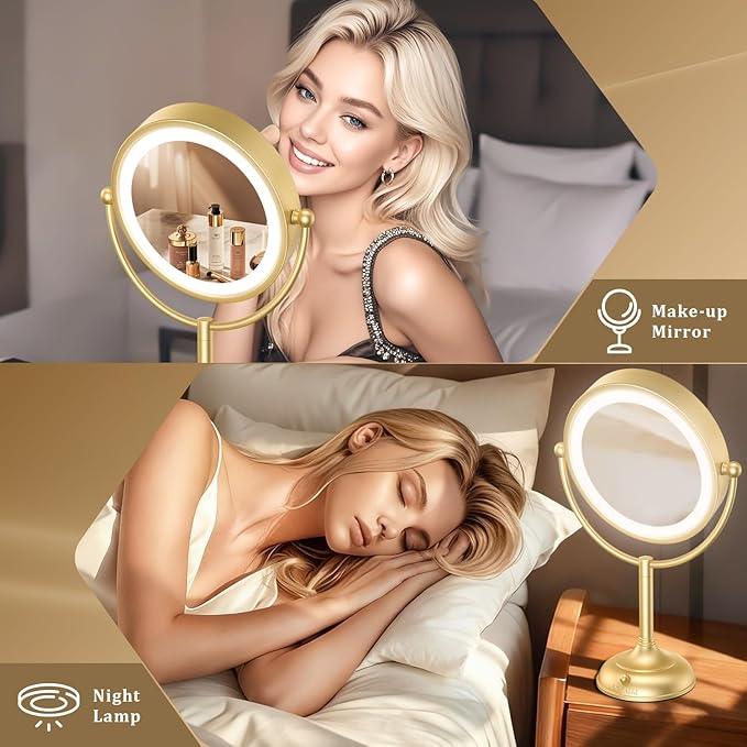 VESAUR 8.5'' Large Gold Lighted Makeup Mirror, 1X/10X Clear Seamless Magnifying Mirror, Bright Vanity Mirror with 3 Colors Dimmable Lights, Two-Sided 360°Rotation Stable Base, Luxury Nickel, Gift Box - ModernBath