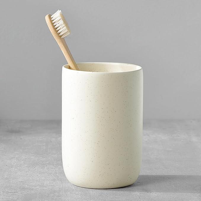 BSDISP Toothbrush Holder for Bathrooms - 1 Cup Ceramic Toothbrush Toothpaste Holder, Beige Bathroom Tumbler Cup Reusable Toothbrush Mouthwash Cup, Bathroom Counter Organizer - ModernBath