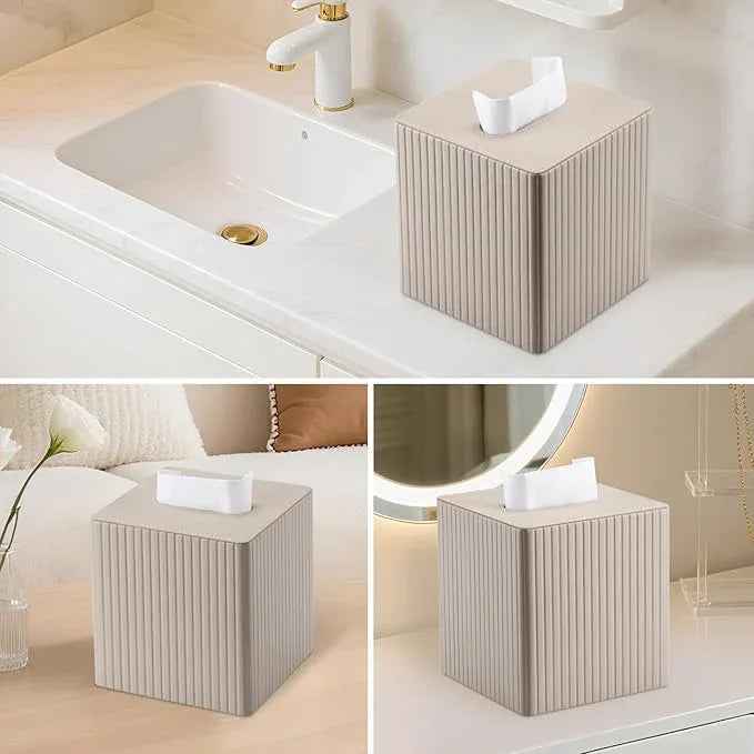 KINGFOM Tissue Box Cover, PU Leather Square Tissue Box Holder for Kleenexs with Magnetic Bottom Cover for Facial Tissues/Napkins, Office & Living Room Decor Box (Beige Strips) - ModernBath