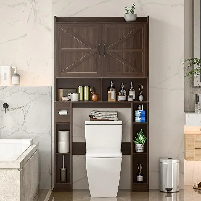 Over The Toilet Storage Cabinet, Farmhouse Toilet Cabinet Rack with Barn Doors, Space Saving Bathroom Organizer with Shelves, Toilet Paper Holder and Towel Rack for Bathroom,Restroom,Laundry,Espresso - ModernBath