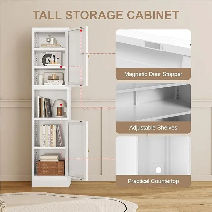 Metal Bathroom Storage Cabinet, 67" Tall Narrow Freestanding Floor Cabinet with Adjustable Shelves and Open Compartment, Slim Metal Locker for Laundry, Kitchen, Dining Room - ModernBath