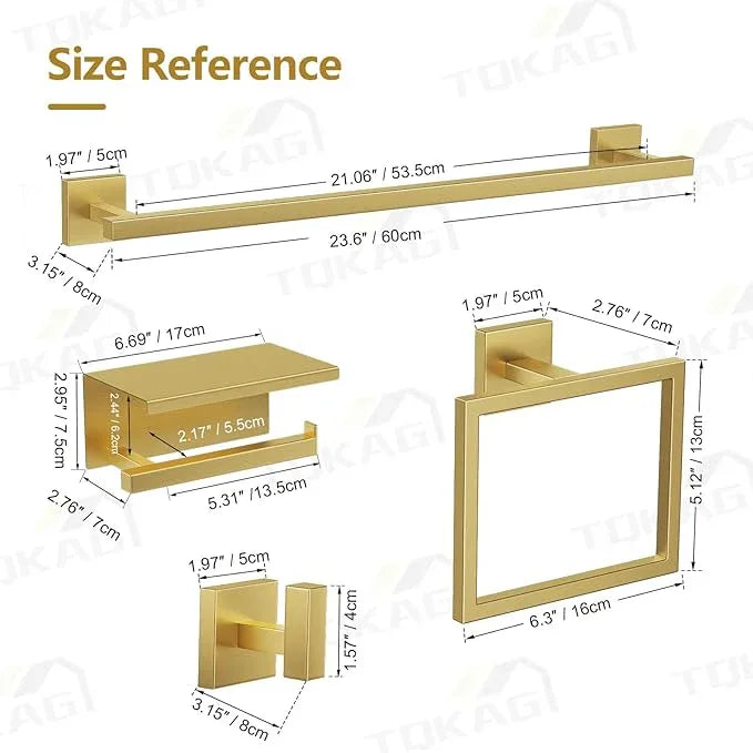 TQKAG 5-Pieces Brushed Gold Bathroom Hardware Accessories Set 23.6" SUS304 Stainless Steel Towel Bar Set Wall Mounted Square Toilet Paper Holder with Shelf - ModernBath