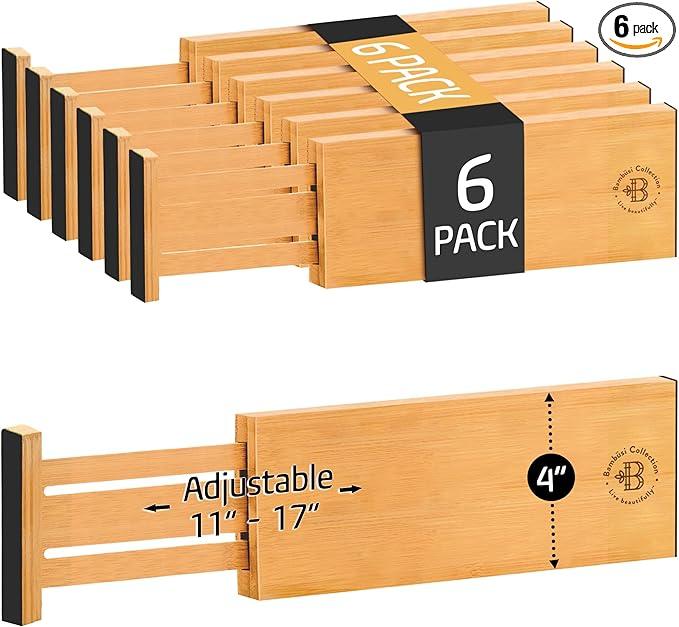 6 Pack Drawer Dividers 4 Inch High, 11”-17" Adjustable Bamboo Organizers Large Expandable Drawer Separators for Cloths, Dresser, Bedroom, Bathroom, Baby Drawer, Office & Kitchen Utensils (Natural) - ModernBath
