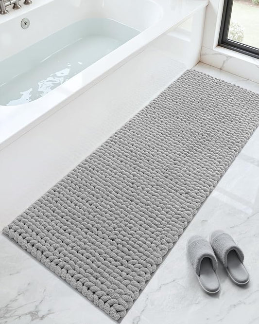 DEXI Bathroom Runner Rugs 24x60, Non Slip Washable Long Bath Mat, Luxury Chenille Super Absorbent Ultra Thick Bathmats for Shower Floor, Plush Fluffy Shaggy Carpet for Tub, Light Grey
