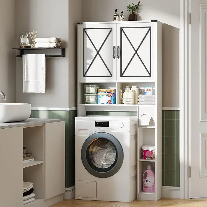 Vabches Over The Toilet Storage Cabinet, Farmhouse Bathroom Cabinet Over Toilet with Paper Holder, Rustic Bathroom Storage Organizer with Doors, White - ModernBath