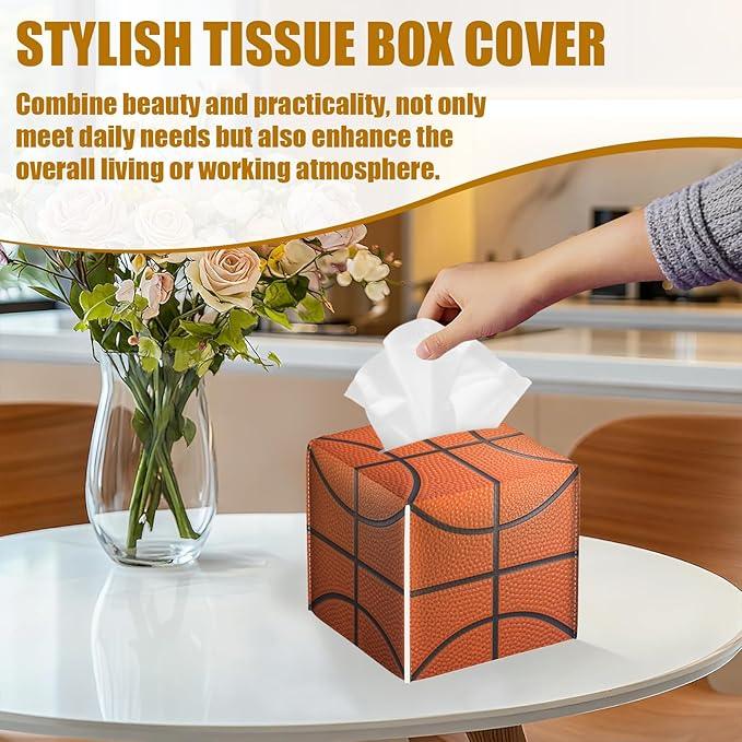 Basketball Tissue Box Cover 2PCS, Sport Ball Leather Tissue Box Holder Square Facial Paper Case Tissue Box Cube Organizer for Bathroom Bedroom Desk Office - ModernBath
