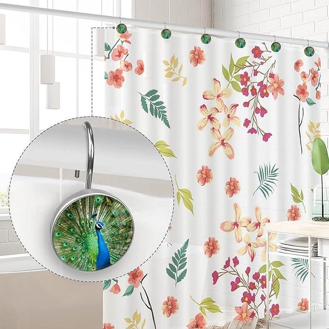 12pcs Shower Curtain Hooks,The Peacock Shows its Tail Decorative Shower Curtain Hanger Rings Roller, Stainless Steel Round Shower Rings Hangers for Bathroom - ModernBath
