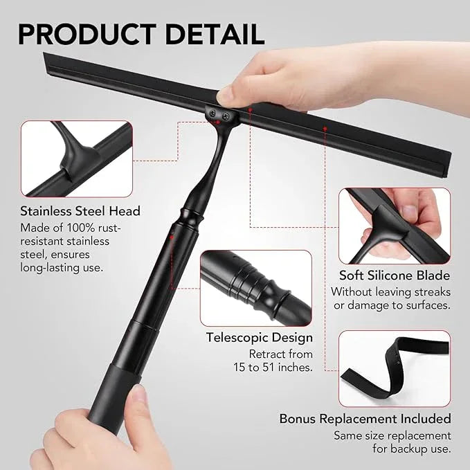Shower Squeegee with Long Handle, 15-51" Telescopic Squeegee for Window Cleaning, Window Squeegee for Glass Doors, Extendable Window Cleaner Tool for Tile Walls, Sliding Door, Floor, Car Windshield-BK - ModernBath