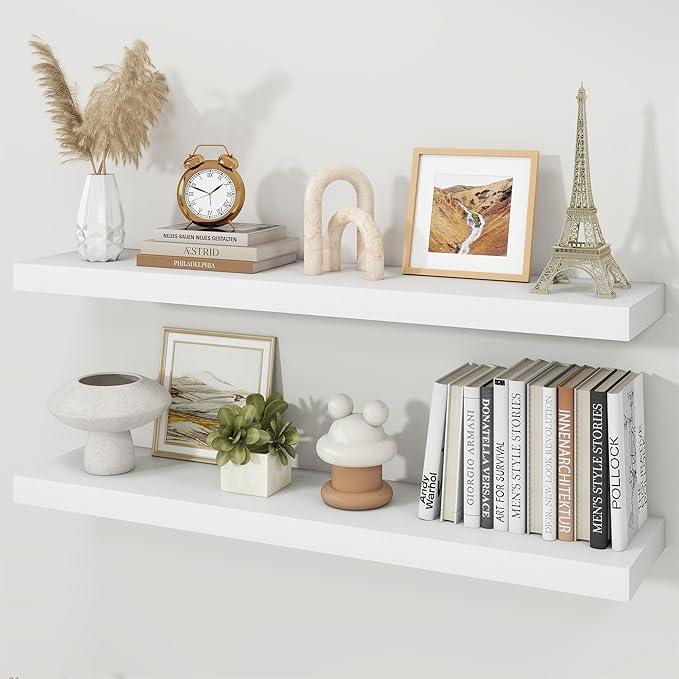 Floating Shelves for Wall, Wall Mounted Rustic Wood Shelves for Bathroom, Bedroom, Living Room, Kitchen, Hanging Shelf for Books/Storage/Room Decor (White 40") - ModernBath