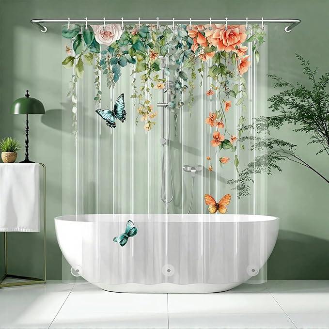 Clear Colorful Floral Butterfly Shower Curtain Liner, Plastic Pretty Pink and Orange Flower Green Eucalyptus Leaf Shower Curtains for Bathroom, 72x78 Weighted Magnetic Shower Curtain Set with 12 hooks - ModernBath