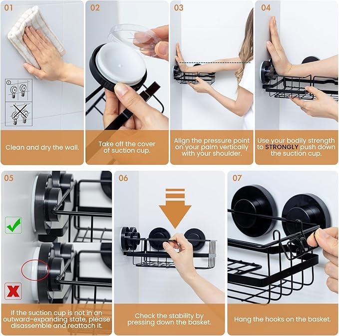 LEVERLOC 2 Pack Corner-adaptive Suction Cup Shower Caddies, Drill-Free Wall Mounted Basket, Stainless Steel Rustproof Corner Shower Shelf, Large Capacity Removable Suction Bathroom Organizer, Black - ModernBath
