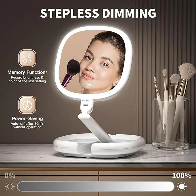 Beautifive 6.3” Makeup Mirror with Light and Magnification, 10X/1X Light Up Makeup Mirror Lighted Make Up Mirror with Adjustable Height Double Sides Folding Magnifying Mirror with Light - ModernBath
