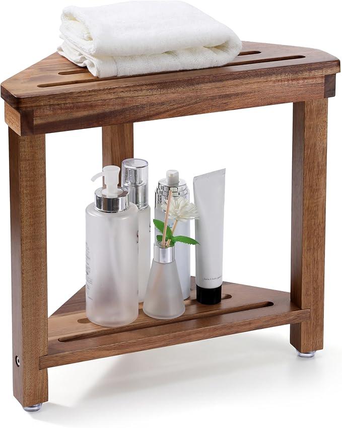 Boulphia Shower Foot Rest 14in, Acacia Wood Shower Stool for Shaving Legs, Waterproof Corner Shower Stool with Storage Shelf for Inside Small Shower Spaces, Wood Color - ModernBath
