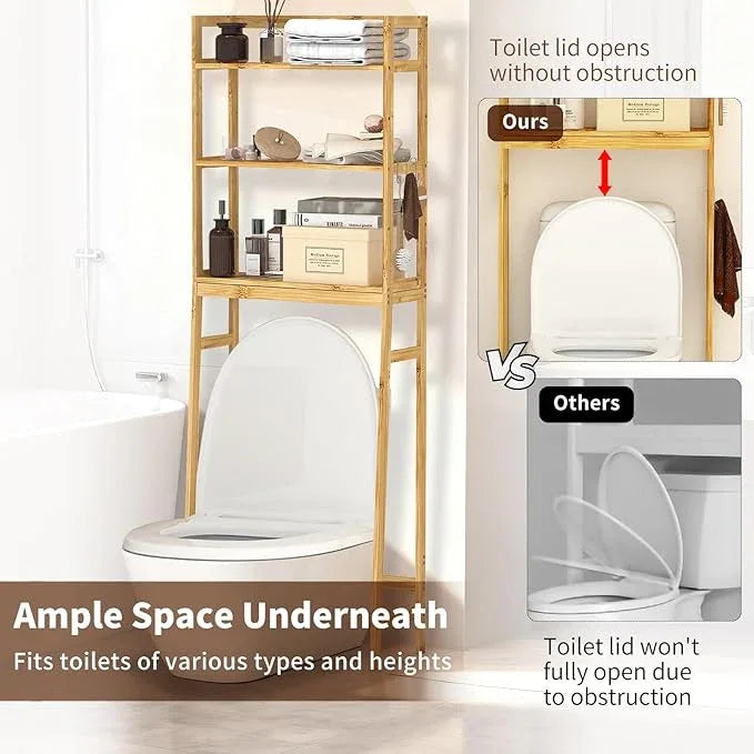 BAMBANG Over The Toilet Storage Rack, 3-Tier Over The Toilet Storage Shelf with 3 Hooks, Freestanding Above Toilet Bathroom Organizer Shelves for Space Saver Storage, Bamboo Natural - ModernBath