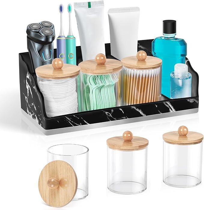 TuCao Marble Bathroom Countertop Organizer, Toothbrush Holders for Bathroom with 3PCS Qtip Holder Dispenser and Toothpaste Holder Drainage for Bathroom Accessories Organization Counter Vanity Storage - ModernBath