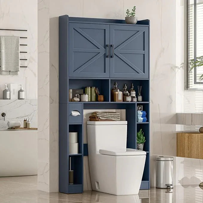 Over The Toilet Storage Cabinet, Farmhouse Toilet Cabinet Rack with Barn Doors, Space Saving Bathroom Organizer with Shelves, Toilet Paper Holder and Towel Rack for Bathroom,Restroom,Laundry,Blue - ModernBath