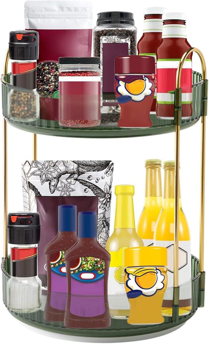 INVSSENE 360° Rotating Makeup Organizer, Bathroom Make Up Spinning Holder Rack, Large Capacity Cosmetics Storage Vanity Shelf Countertop, Fits Cosmetics, Perfume, Skincare, Lipsticks(2 Tiers, Green) - ModernBath