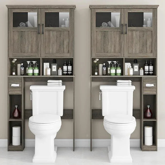 Vabches Over-The-Toilet Storage Cabinet with Double Doors, Toilet Paper Holder Stand & Adjustable Shelf, Freestanding Space Saver, Grey - ModernBath