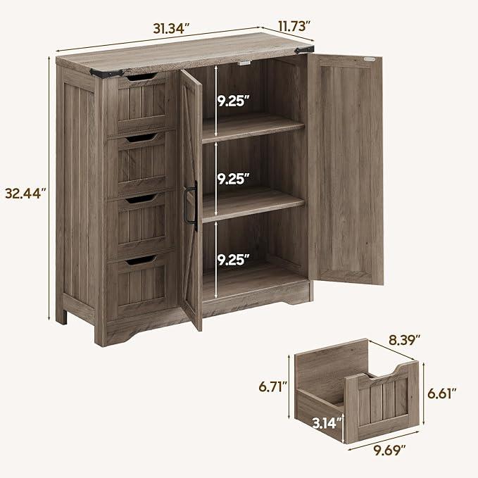 Vabches Farmhouse Bathroom Cabinet, Freestanding Storage Cabinet with 4 Drawers and 2 Doors, Rustic Storage Organizer with Adjustable Shelf for Bathroom, Living Room, Entryway, Grey - ModernBath