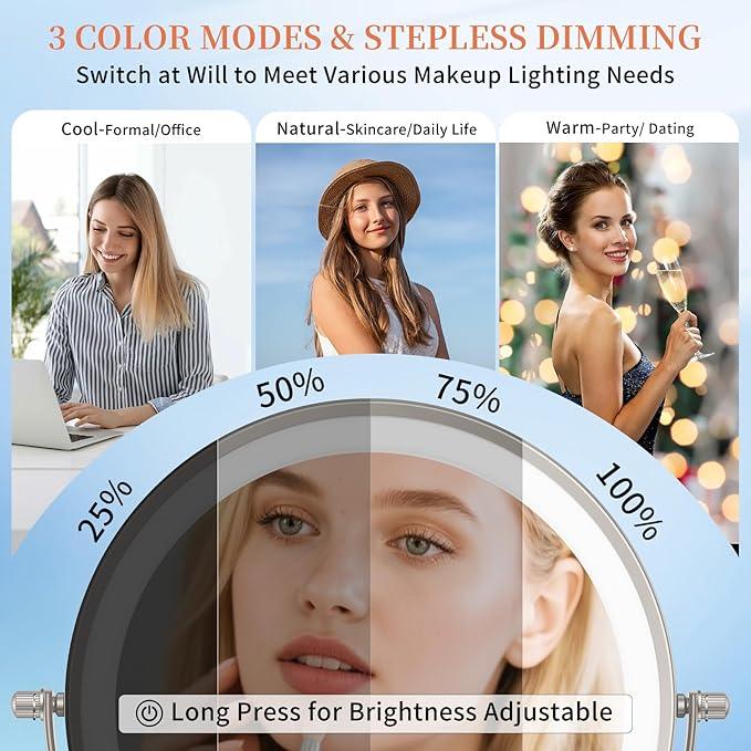FUNTOUCH 9" 5000mAh Rechargeable Wall Mount Makeup Mirror with Lights, 30X/1X Magnifying Double Sided Mirror, 3 Color Lights,Touch Dimmable, 360 Rotation Extended Arm with Adapter,Brush Nickel - ModernBath