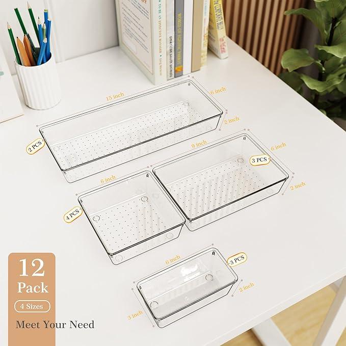 Criusia Drawer Organizer, 12 Pack Clear Plastic Kitchen Drawer Organizers Set,4-Size Versatile Bathroom and Vanity Organizer Trays,Storage Bins for Makeup, Bathroom, Jewelries and Office - ModernBath