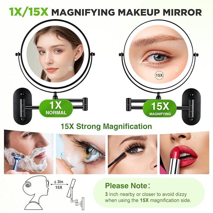 VORREMIRR Wall Mounted Makeup Mirror: 1x/15x Magnifying Mirror with 8.5" Double Sided, Vanity Makeup Mirror for Bathroom, Brush Black - ModernBath