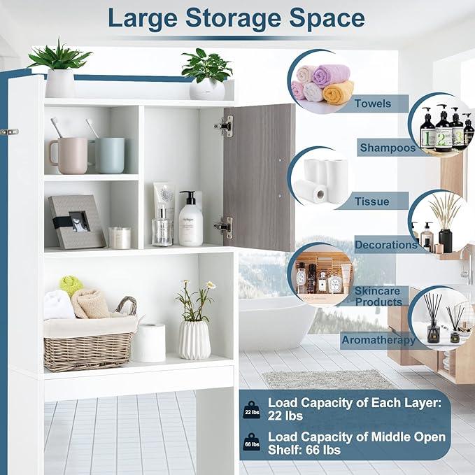 Giantex Over The Toilet Storage Cabinet, 4-Tier Freestanding Space Saver Above Toilet with Open Shelves & Door, Over Toilet Bathroom Organizer for Restroom, Laundry Room, White - ModernBath