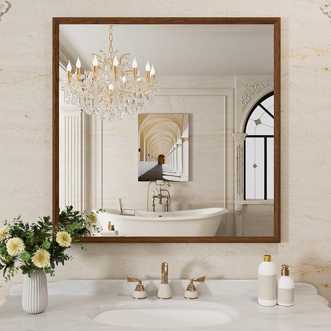 WEER Bathroom Mirror, 36x36 Inch Wall Mirror, Walnut Wood Grain Framed Mirror, Rectangle Vanity Mirror, Tempered Glass, Anti-Rust, Hangs Horizontally or Vertically - ModernBath