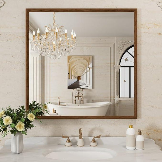 WEER Bathroom Mirror, 36x36 Inch Wall Mirror, Walnut Wood Grain Framed Mirror, Rectangle Vanity Mirror, Tempered Glass, Anti-Rust, Hangs Horizontally or Vertically - ModernBath