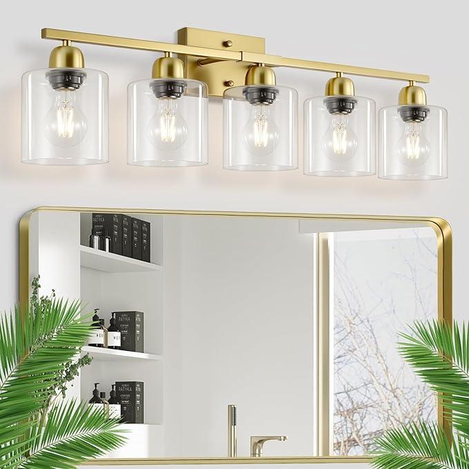 FAISHILAN Modern Brushed Gold 5 Light Bathroom Vanity Light,31 inch Vanity Lights for Bathroom with Clear Glass for Mirror Kitchen Living Room Hallway Cabinet Porch - ModernBath