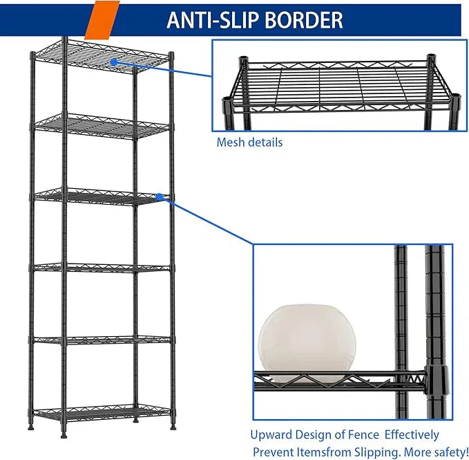 REGILLER 6 Wire Shelving Steel Storage Rack Adjustable Unit Shelves for Laundry Bathroom Kitchen Pantry Closet(Black,11.7" D x 21.4" W x 63" H) - ModernBath