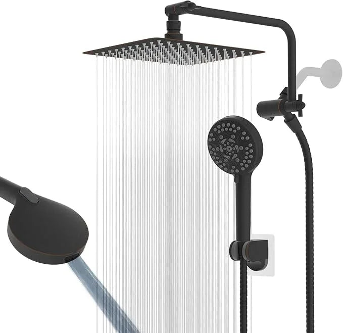 All Metal Shower Head, 10" High Pressure Rainfall/Handheld Shower Combo with 11" Extension Arm, 10-Spray Handheld Showerhead, 71" Long Hose, 3-Way Diverter Valve, Oil Rubbed Bronze - ModernBath