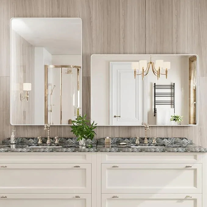 JISOSO White Bathroom Mirror 48x32 Inch, White Metal Framed Bathroom Mirror for Wall, Rounded Rectangle Matte Bathroom Vanity Mirror, Tempered Glass, Anti-Rust, Horizontal/Vertical - ModernBath