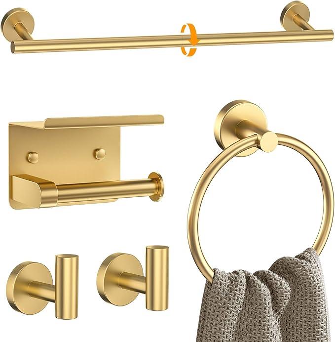 Brushed Gold Bathroom Hardware Set 5 Pieces Towel Bar Set Round Towel Holder Set for Bathroom,Upgraded Toilet Paper Holder with Shelf,Stainless Steel Wall Mounted 23.6 Inch - ModernBath