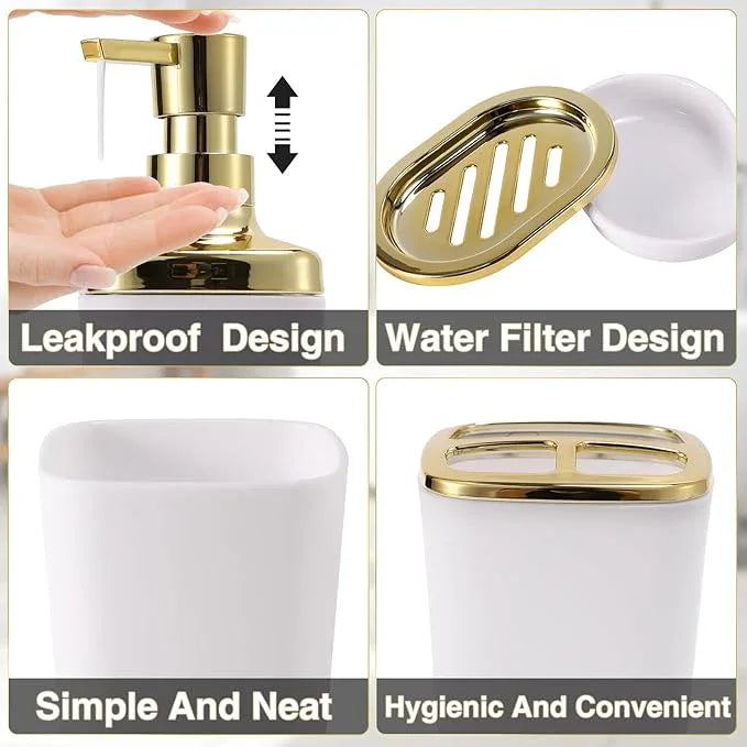 XLHOMO White Bathroom Accessories Set 8 Piece White and Gold Bathroom Set, Bathroom Sets with Stainless Steel Trash Can,Toilet Brush,Toothbrush Set,Soap Dispenser - ModernBath