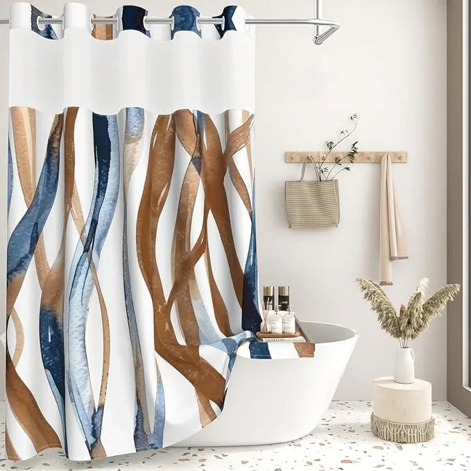 Blue and Brown Striped Shower Curtain and Liner Set, Hotel Luxury Waterproof Double Layers Fabric No Hook Shower Curtain, Modern Abstract Geometric Bathroom Curtains with Top Sheer Window, 71x74 Inch - ModernBath