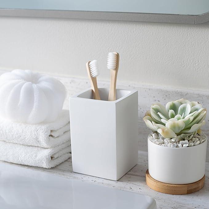 Yew Design Matte White Toothbrush and Toothpaste Holder for Bathroom Vanity and Countertop, Square Organizer for Electric Toothbrushes, Floss, Razors, Cotton, and Mouthwash - ModernBath