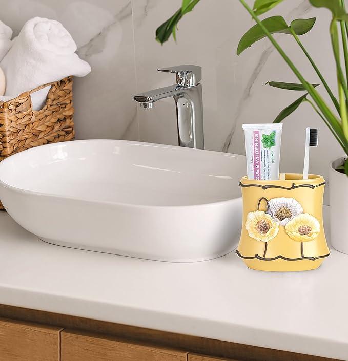 Zahari Home 4pc Poppy Fields Yellow Bathroom Accessories Set Hand Soap Dispenser, Tumbler, Tooth Brush Holder and Soap Dish Modern Contemporary Decor Complete Bathroom Sets with Shower Curtains - ModernBath