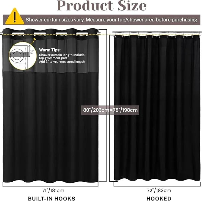 SORTTO No Hook Slub Textured Shower Curtain with Snap in Liner - Black Fabric Outer Curtain & Waterproof Inner Liner, Hotel Style with See Through Top Window, 71x80 in - ModernBath