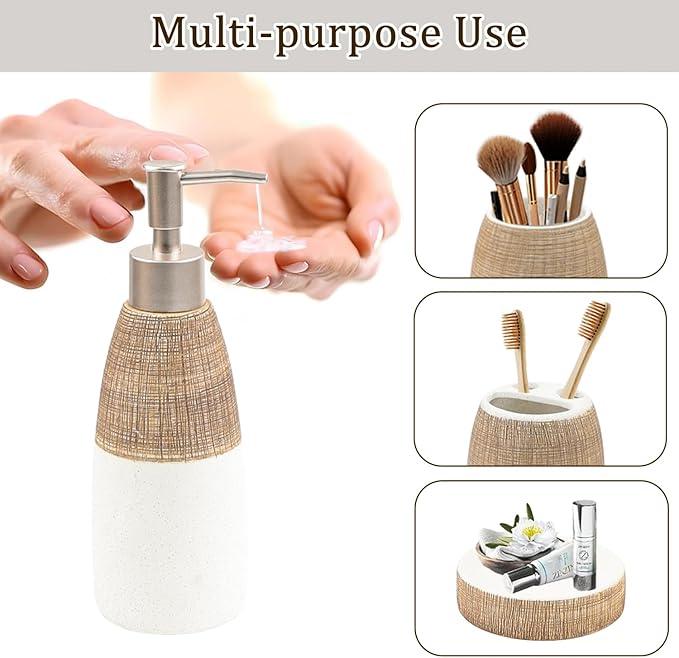 CERBIOR Bathroom Accessories Set,4 Pcs Ceramic Bathroom Decor Accessory,Includes Toothbrush Holder, Toothbrush Cup, Soap Dish for Decorative Countertop and Housewarming Gift, (Brown White) - ModernBath