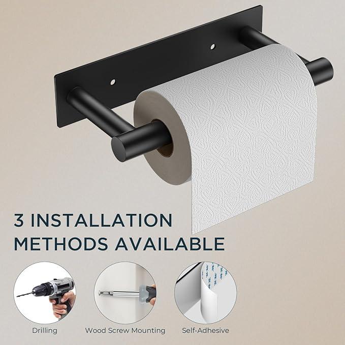 FORIOUS Black Toilet Paper Holder, Adhesive or Wall Mounted Options, Stainless Steel Rustproof Stick on no Drilling Double Post Pivoting Toilet Tissue Roll Holder Wall Mount for Bathroom, Matte Black - ModernBath