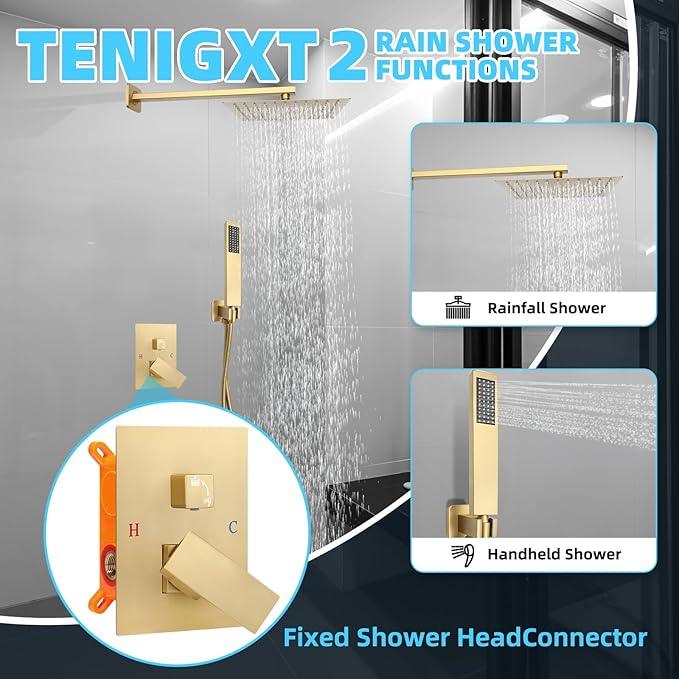 TENIGXT Bathroom Shower Faucet Set，10 Inch Rain Shower Head with Handheld Spray，Brass Shower Valve Trim Kit，Wall Mounted Square Rain Shower System (Brushed Gold) - ModernBath