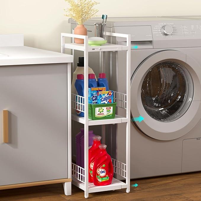 Expandable Slim Storage Shelf, 3 Tier Metal Shelving Unit for Bathroom Storage Organizer, Free-Standing Narrow Shelf, Open Floor Shelves for Small Spaces,Laundry,Bathroom,Kitchen, White - ModernBath