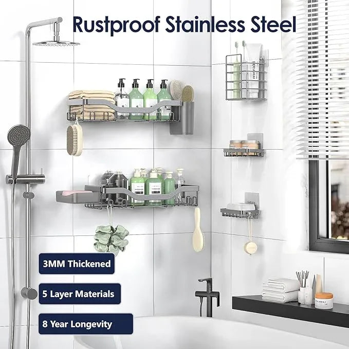 Shower Caddy Adhesive Shower Organizer 7-Pack, Rustproof Stainless Steel Bathroom Shelves, Large Capacity No-Drill Rack Storage Accessories with Soap Dish Toothbrush Holder Hooks (Gray) - ModernBath