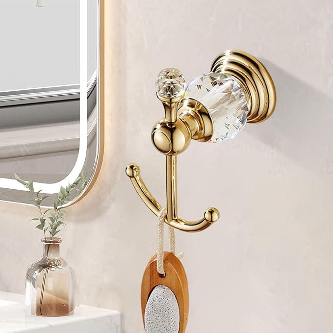 Crystal Gold Towel Hook, Gold Bathroom Robe Hook, Coat Rack Hanger Heavy Sturdy Double Towel Hooks Bath Farmhouse Clothes Hook Wall Mounted Modern for Bathroom Kitchen Washroom - ModernBath