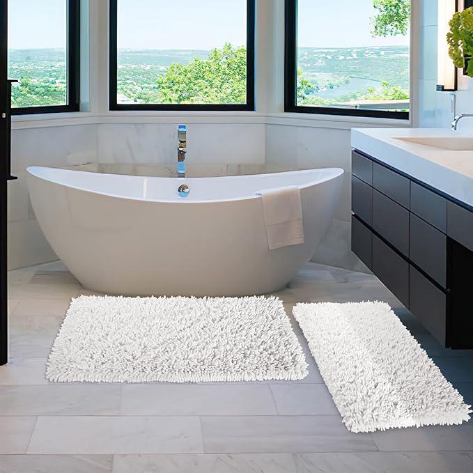 Yimobra Bathroom Rug Set 2 Piece, Luxury Shaggy Bath Mat Set with Non Slip Backing, Ultra Soft & Absorbent Mats for Bathroom Floor, Machine Washable, 31.5"x20"+24"x17", White - ModernBath